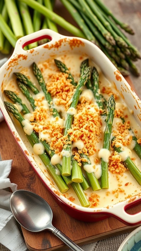A baking dish of creamy cheesy asparagus gratin with breadcrumbs, in a rustic kitchen setting.
